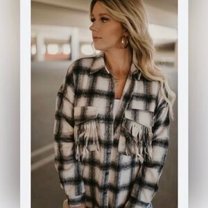 Altar’d State Shacket Black plaid Fringe Jacket M